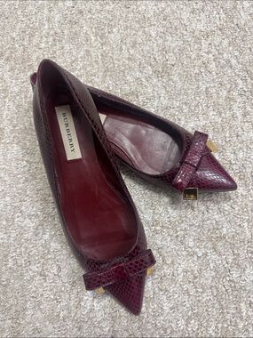 Burberry Wine Pointed-Toe Bow Flats with Gold Accents